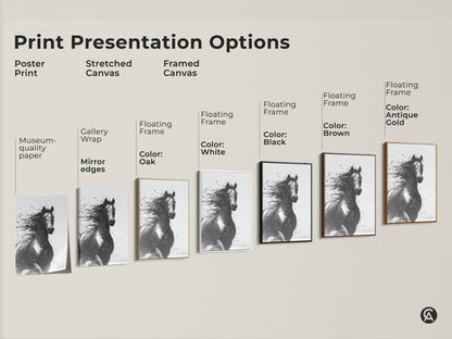 Print presentation options for abstract horse art. Choose from poster print stretched canvas or framed canvas. Available in various colors to match decor. Ideal for equestrian enthusiasts.