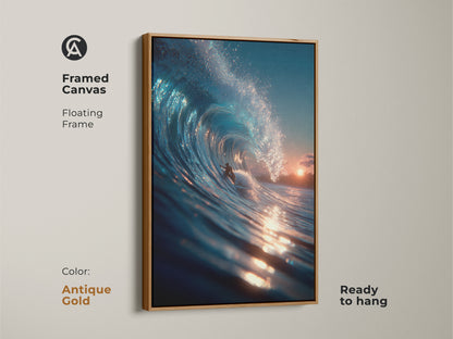Add a touch of glamour with framed canvas art in antique gold. This floating frame enhances the surfer artwork. It is ready to hang in your home. The artwork features a surfer riding a perfect wave. It's a stunning piece.