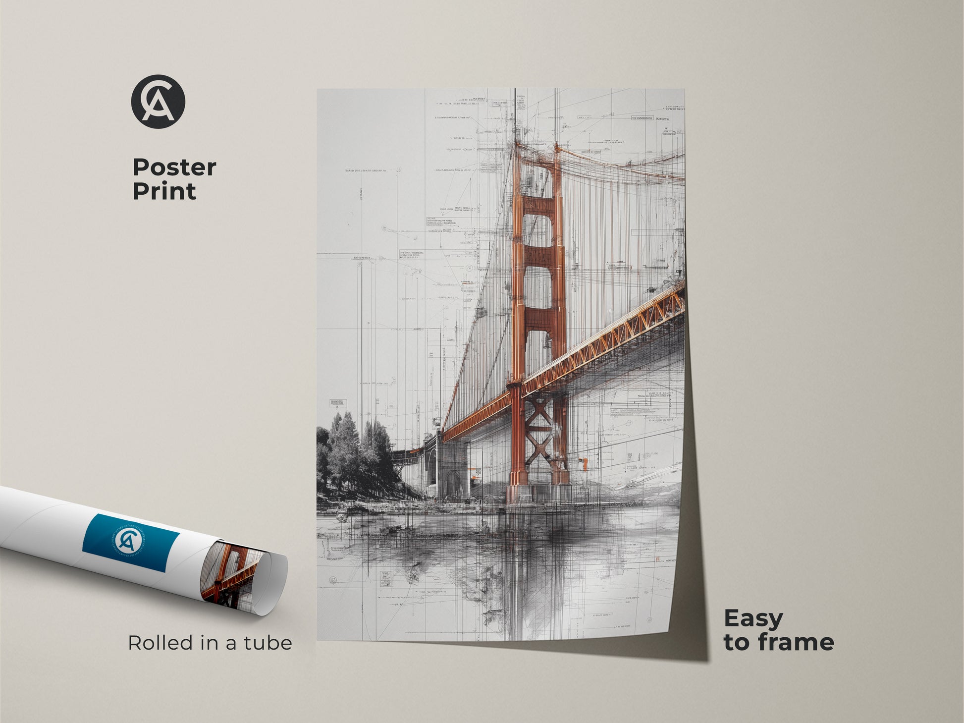Poster print of the Golden Gate Bridge art rolled in a tube. The blueprint style wall art is easy to frame. This industrial office decor showcases an orange and gray cityscape. It's an architecture sketch print perfect as a travel lover gift. The engineering blueprint art is a unique piece.