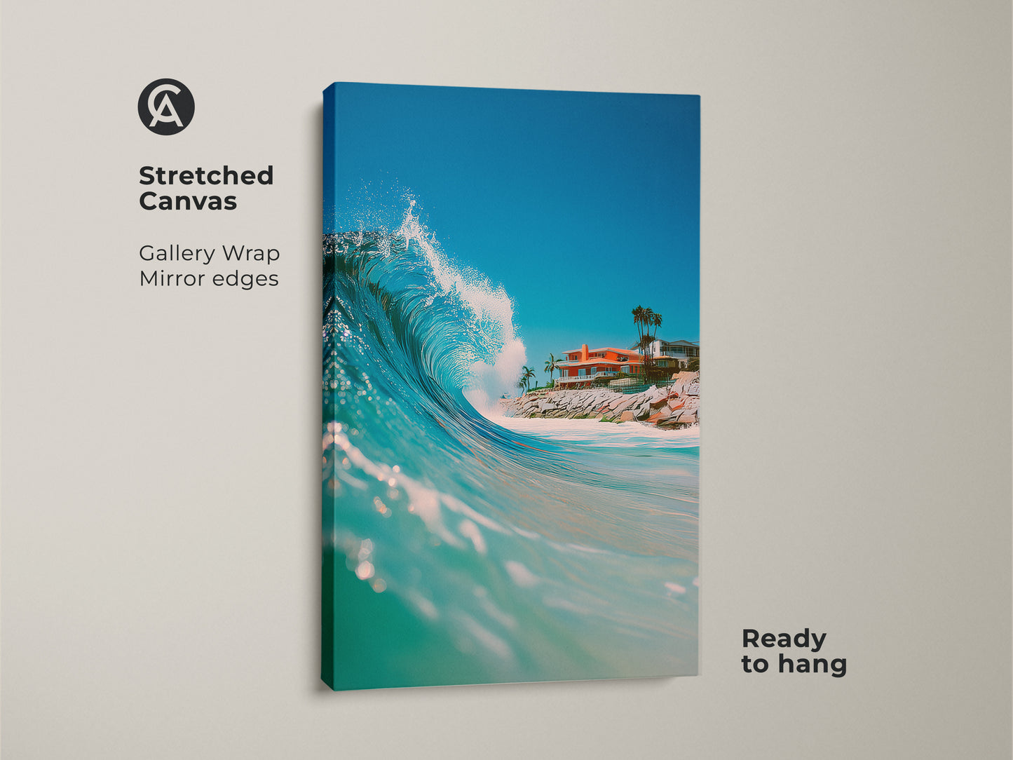 Gallery-wrapped stretched canvas displaying a vibrant ocean wave. The artwork features mirror edges and is ready to hang. A beautiful coastal home complements the turquoise wave art. This canvas print brings the ocean's energy to your walls.