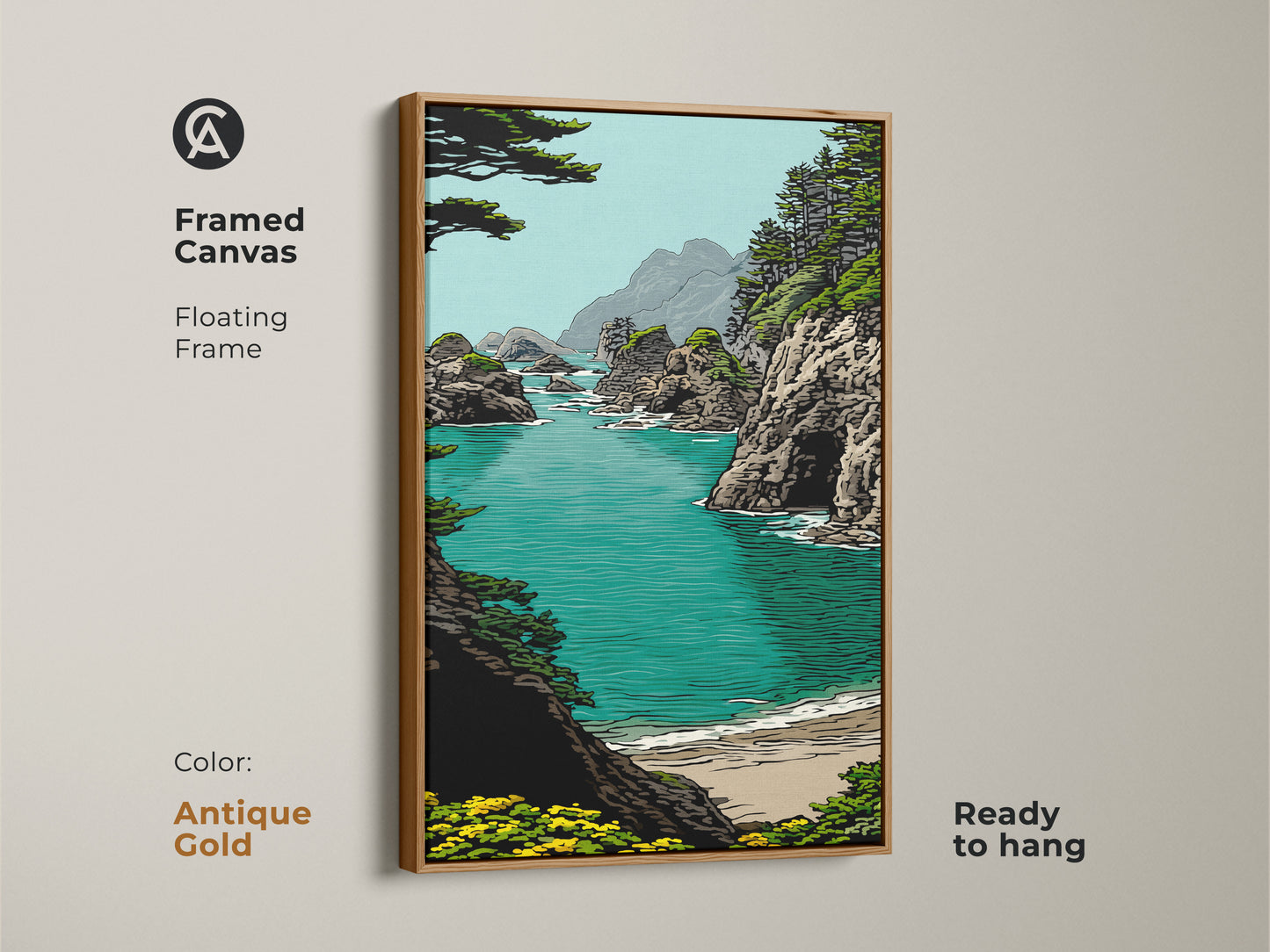 Framed canvas art with an antique gold floating frame features a teal ocean landscape. This coastal rocky cliffs and beach scene bring nature indoors. The ocean view art enhances residential wall decor. It is ready to hang. This is a perfect gift for beach lovers seeking coastal elegance.