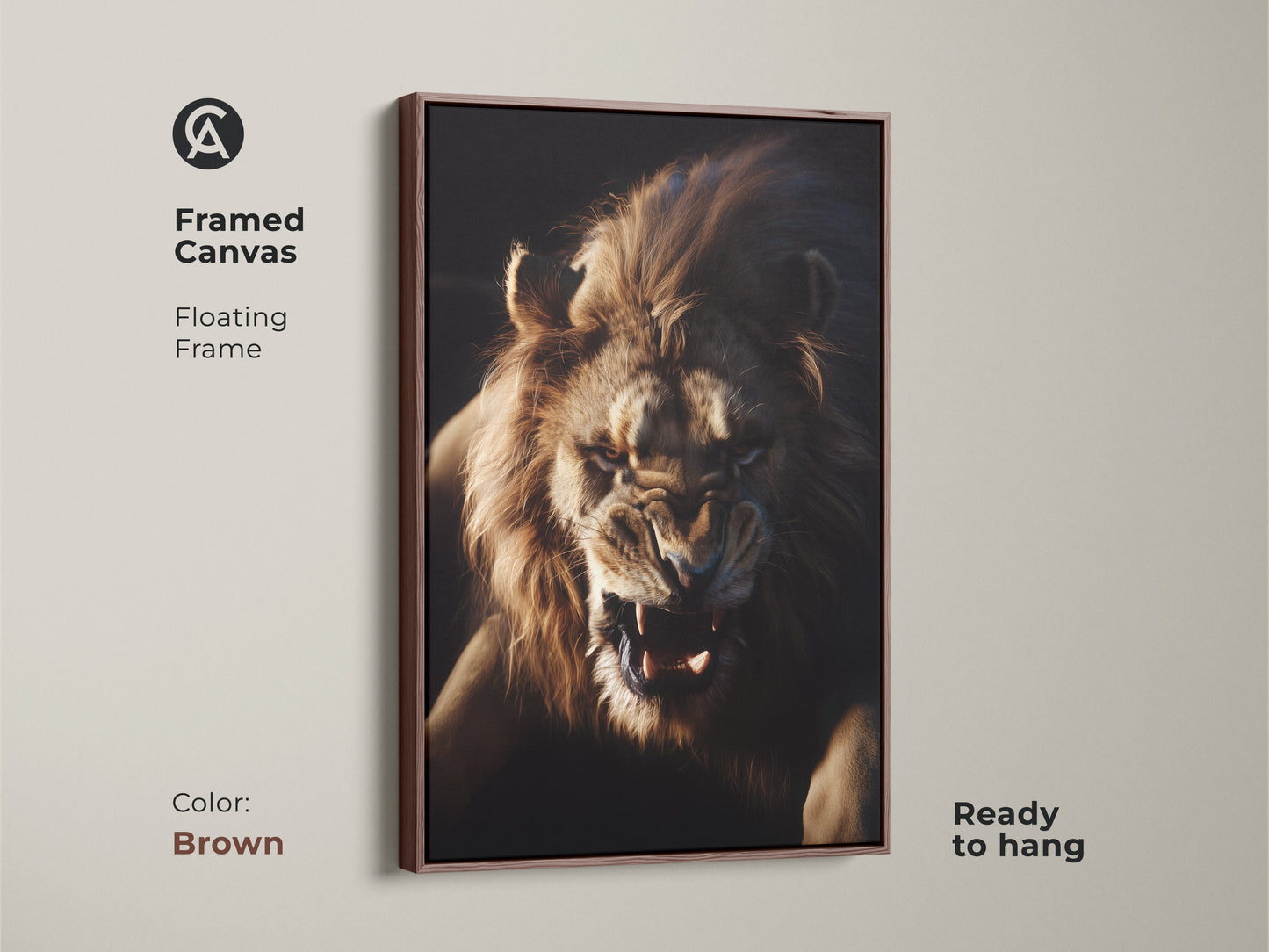 Aggressive Lion Face Wall Art on framed canvas with a floating frame in brown. This wildlife animal poster decor is ready to hang. The golden brown amber lion art adds a touch of untamed elegance. Perfect for a modern wildlife home.