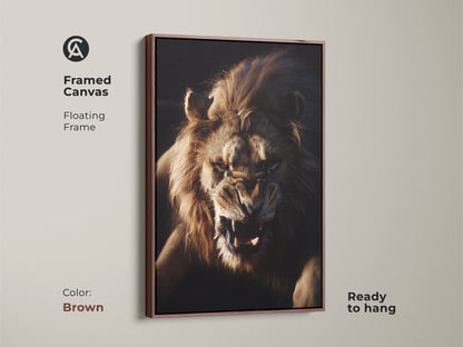 Aggressive Lion Face Wall Art on framed canvas with a floating frame in brown. This wildlife animal poster decor is ready to hang. The golden brown amber lion art adds a touch of untamed elegance. Perfect for a modern wildlife home.