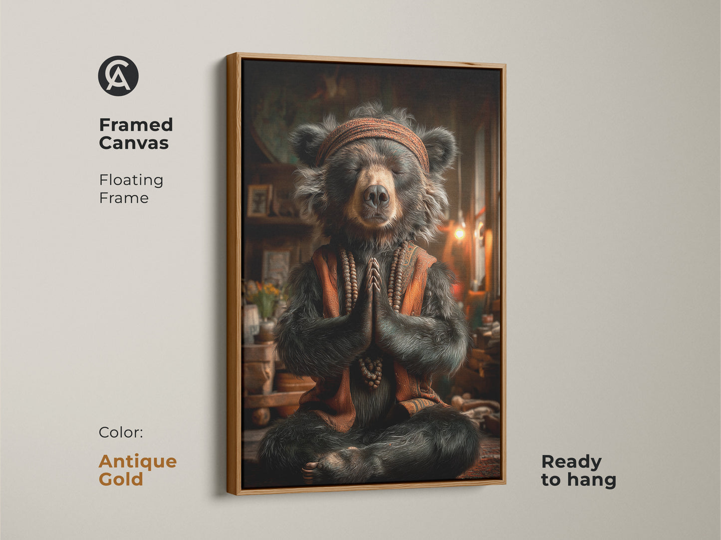 Framed Canvas with an antique gold frame showcasing bear artwork. The floating frame enhances the meditating bear. Ready to hang for your boho office wall art. A serene bear art print for nature-inspired wall decor.