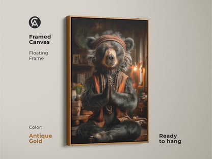 Framed Canvas with an antique gold frame showcasing bear artwork. The floating frame enhances the meditating bear. Ready to hang for your boho office wall art. A serene bear art print for nature-inspired wall decor.