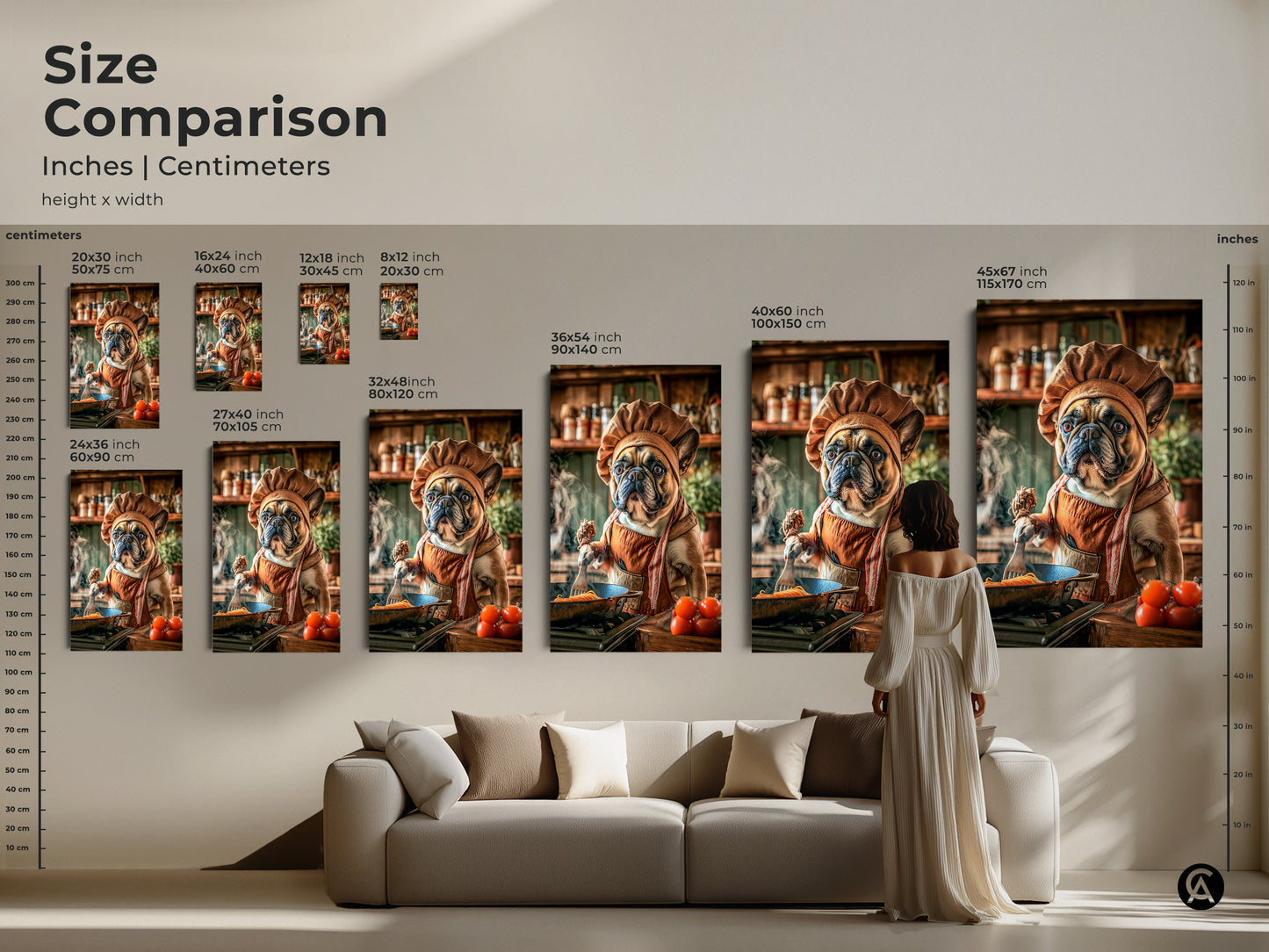 Size comparison featuring French Bulldog chef artwork. Sizes in inches and centimeters are shown next to furniture. Perfect animal theme wall art for any space. Find your ideal art size.