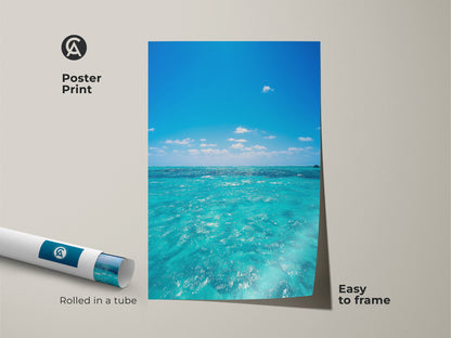 Poster print of a realistic turquoise ocean wave art. Rolled in a tube and easy to frame. The blue water sky landscape painting captures a summer vacation feel. Ideal seaside nature artwork for home decor.