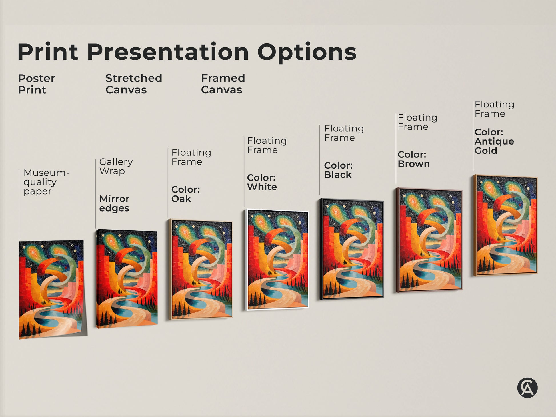 Sizing guide for abstract cosmic cityscape canvas. Vertical orientation options range from small to large. See how the surreal geometric wall artwork fits different spaces. Find the perfect size for your red orange and blue canvas art.
