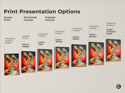 Sizing guide for abstract cosmic cityscape canvas. Vertical orientation options range from small to large. See how the surreal geometric wall artwork fits different spaces. Find the perfect size for your red orange and blue canvas art.