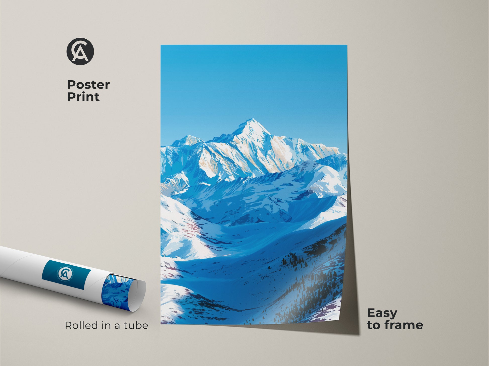 A poster print of a snowy mountain scene is rolled in a tube ready for framing. This blue sky mountain art is an easy-to-frame nature artwork. It's ideal for those seeking modern nature artwork or a serene mountain print. The minimalist landscape art brings alpine scenery to any space.