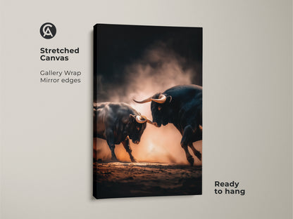 Stretched canvas gallery wrap of two bulls fighting. The mirror edges create a seamless look. This animal artwork is ready to hang. Perfect for adding a touch of drama to any room. Great conversation starter.