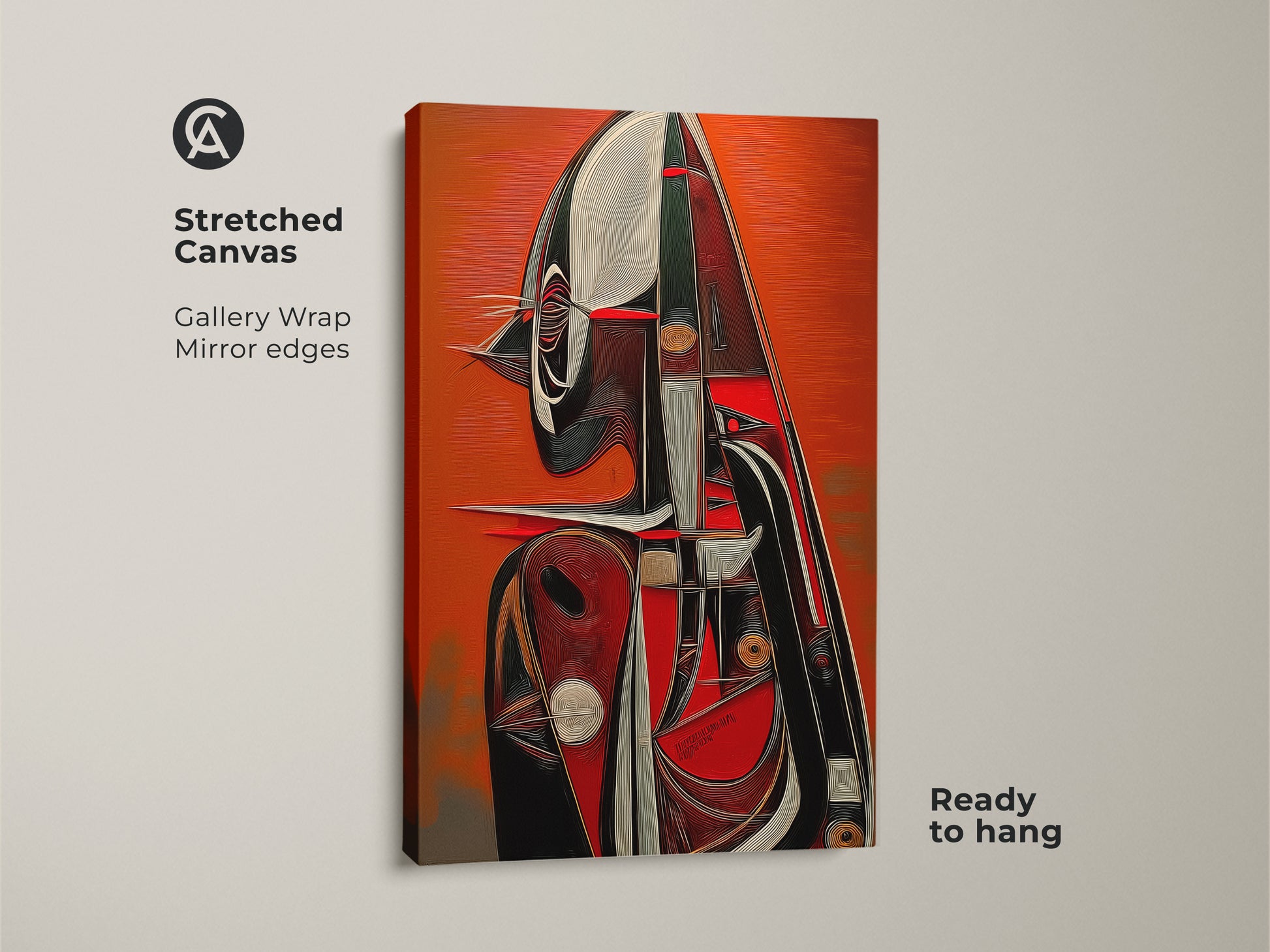 Stretched canvas gallery wrap of a red and black geometric abstract figure art print. Mirror edges provide a clean modern look. Ready to hang. Perfect as eclectic home or office wall decor.