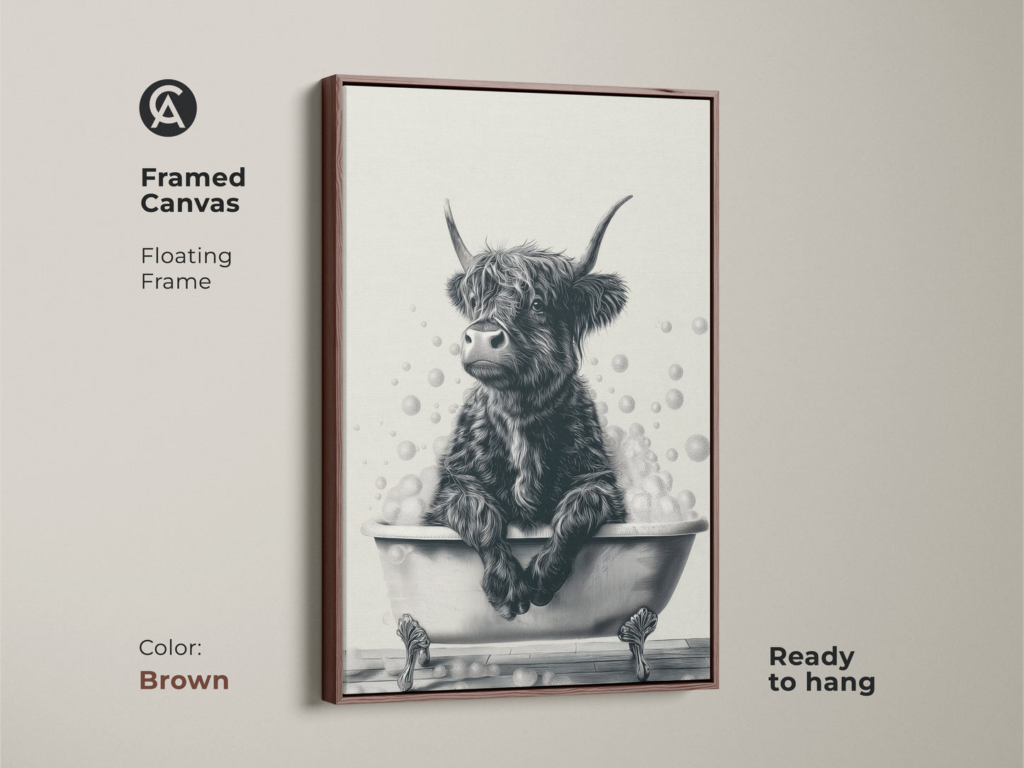 Brown framed canvas of a Highland cow in a bathtub. This floating frame is ready to hang. The black and white artwork adds warmth to any room. Perfect for farmhouse bathroom decor. A delightful gift for farm animal enthusiasts. This funny sketch brings a smile.