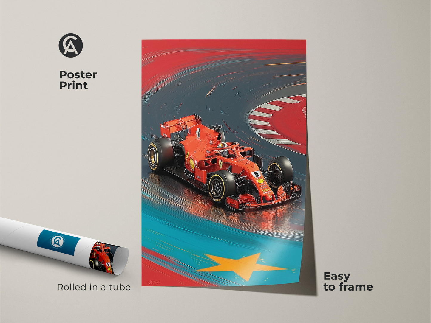 F1 formula racing car print is rolled in a tube. This dynamic speed artwork is an abstract race track art. An ideal birthday gift for a driver or F1 enthusiast. Easy to frame motorsport office decor that brings high speed racing art.