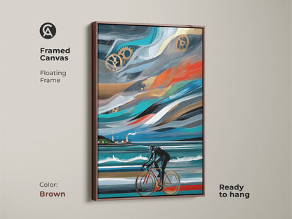 Framed canvas with floating frame in brown. Abstract cyclist artwork with industrial gears. The canvas is ready to hang. The cyclist is in motion and it is showcasing blue orange and teal. The art is a unique cycling gift idea.