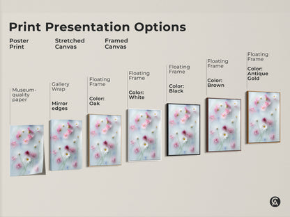 Explore print presentation options for soft focus floral artwork. Choose from poster prints stretched canvas and framed canvas. Discover museum-quality paper gallery wrap and floating frame styles. These botanical art prints are perfect for adding a dreamy touch to your space.