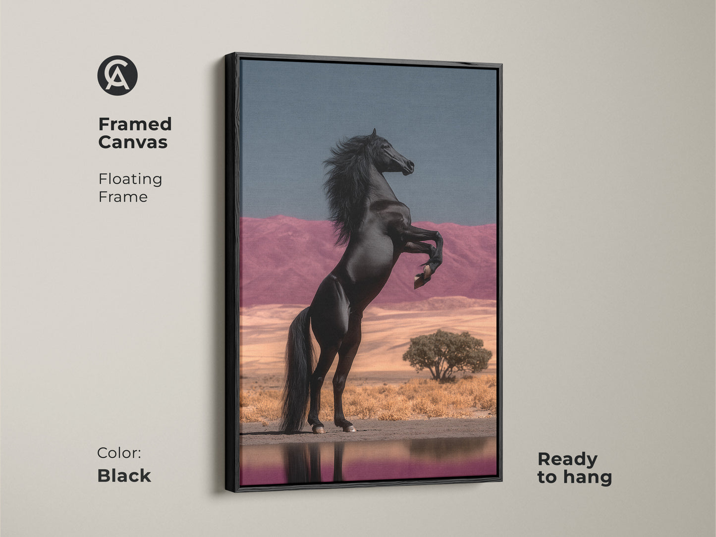 Framed Canvas with a Floating Frame showcasing a Black Horse Rearing. This wildlife wall art decor brings an eclectic touch to any room. The surreal desert landscape with pink mountains and blue sky complements modern styles. Ready to hang this horse lover present is a fine art horse painting. The powerful animal artwork is a unique home decor gift.