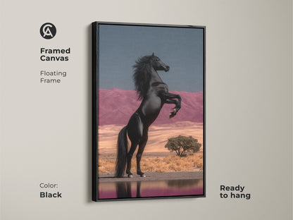 Framed Canvas with a Floating Frame showcasing a Black Horse Rearing. This wildlife wall art decor brings an eclectic touch to any room. The surreal desert landscape with pink mountains and blue sky complements modern styles. Ready to hang this horse lover present is a fine art horse painting. The powerful animal artwork is a unique home decor gift.