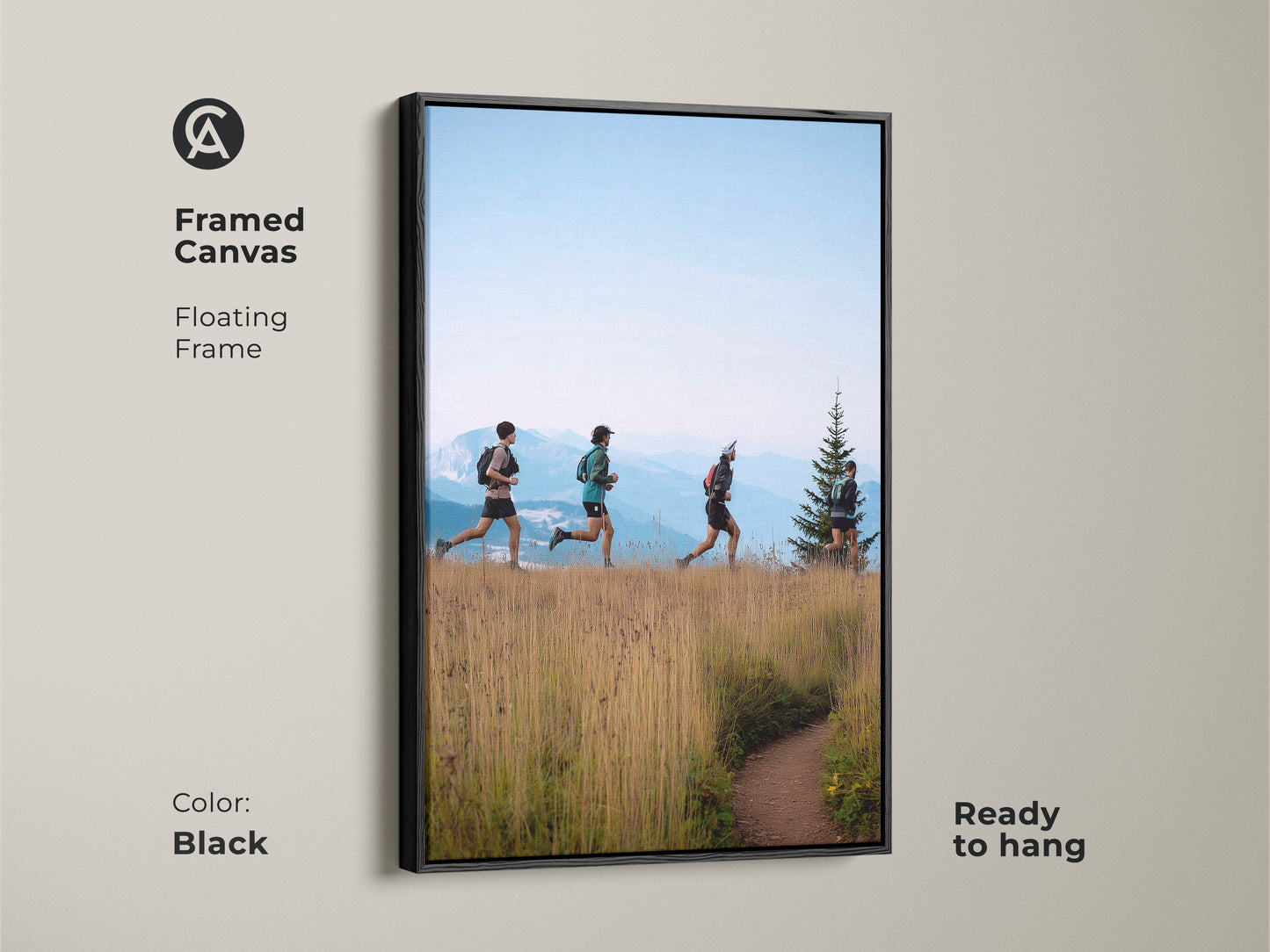 Framed in black this canvas print captures trail runners in a mountain landscape. Ready to hang this artwork adds a modern touch to any room. The floating frame enhances the earthy brown and sky blue tones. Perfect for athletic home decor and hiker gifts. It's a beautiful piece of mountain trail scenic art.