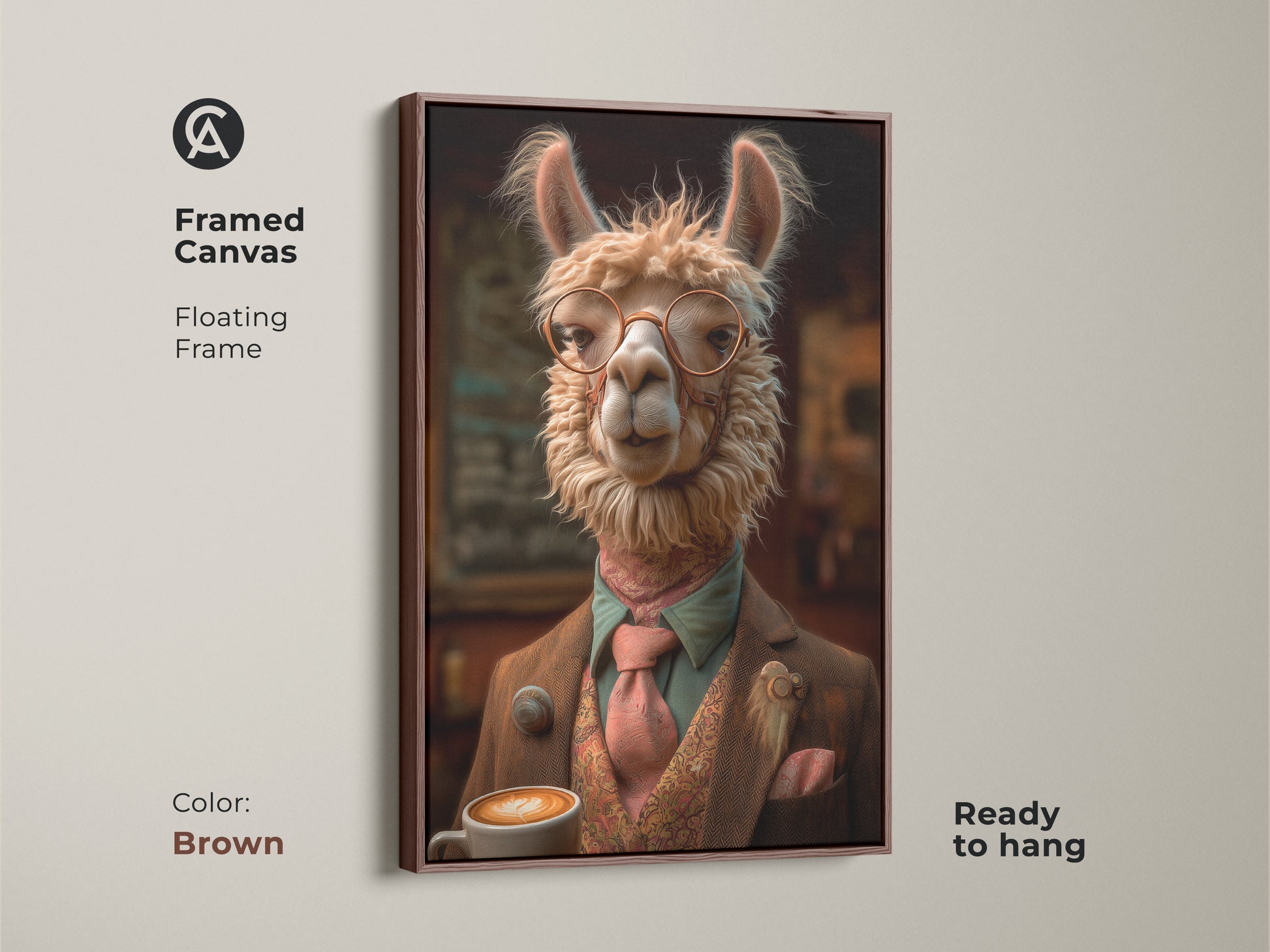 Framed Canvas with a Brown floating frame showing a Dapper Llama. It's ready to hang. This Beige aesthetic art print is a unique birthday gift idea. Adds charm to any office space. An animal portrait canvas.