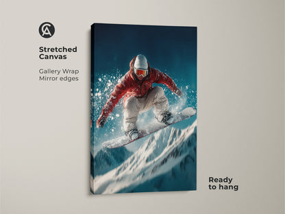 A snowboarder mid-jump is displayed on a stretched canvas with gallery wrapped mirror edges. This artwork is ready to hang. The dynamic scene brings action and style to your space. It's a great choice for modern art lovers.