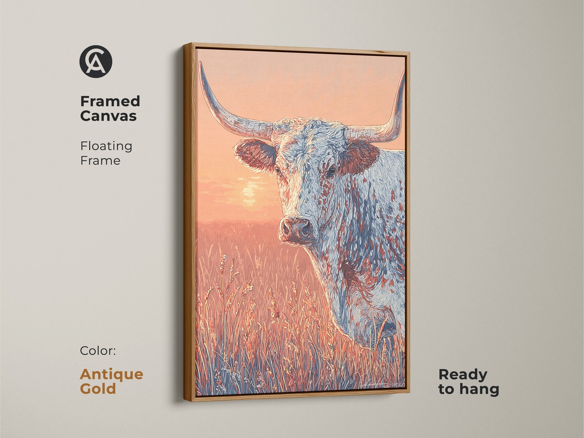 Framed canvas of a longhorn in a field. The frame is antique gold and floating. The artwork is ready to hang. The colors are warm and inviting. A great piece for western art collectors.