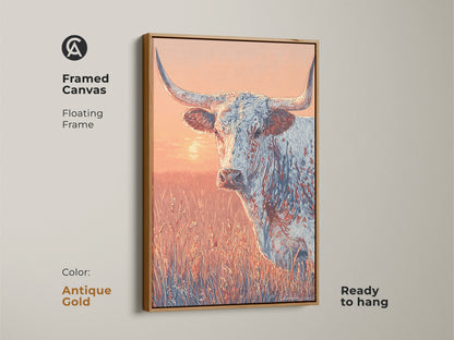 Framed canvas of a longhorn in a field. The frame is antique gold and floating. The artwork is ready to hang. The colors are warm and inviting. A great piece for western art collectors.