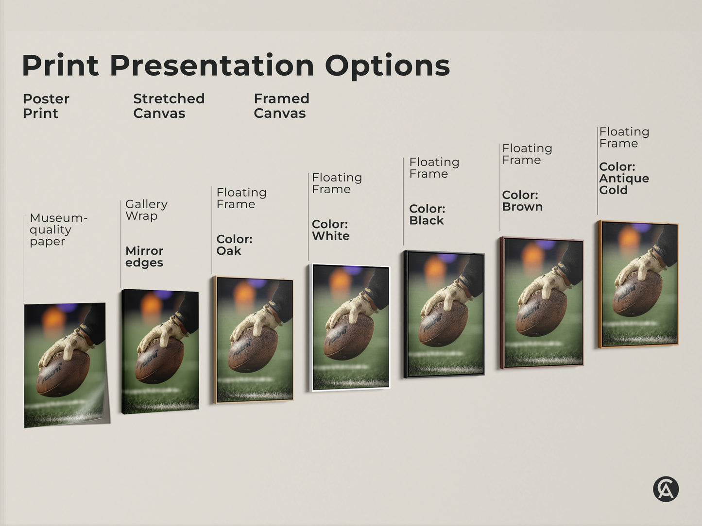 Explore print presentation options for American Football art. Choose from poster stretched or framed canvas. Each option showcases the player's hand gripping the ball. Perfect for man caves and game rooms. Find the ideal sports themed decor for any space.