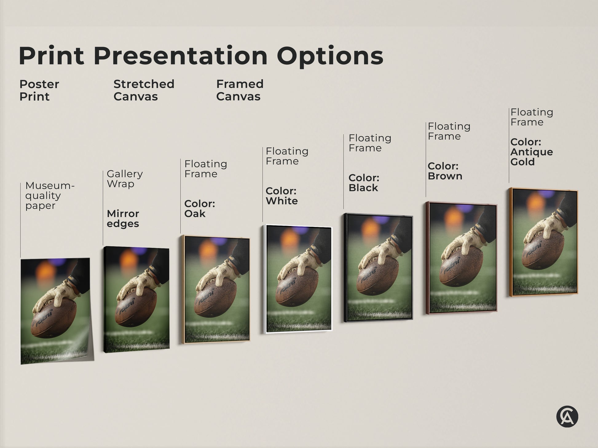 Explore print presentation options for American Football art. Choose from poster stretched or framed canvas. Each option showcases the player's hand gripping the ball. Perfect for man caves and game rooms. Find the ideal sports themed decor for any space.