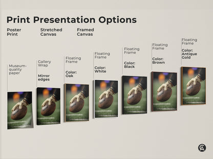 Explore print presentation options for American Football art. Choose from poster stretched or framed canvas. Each option showcases the player's hand gripping the ball. Perfect for man caves and game rooms. Find the ideal sports themed decor for any space.