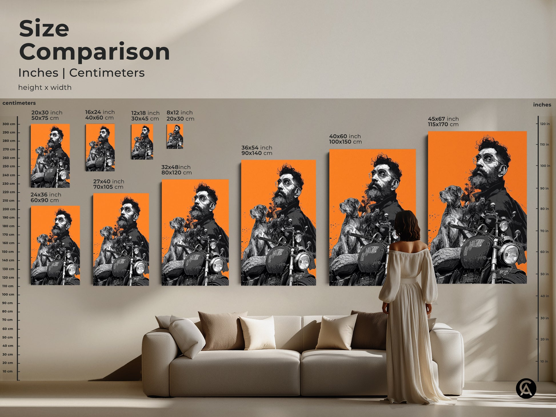 Size comparison of the man and dog on a motorcycle artwork in inches and centimeters. See how the eclectic wall art scales from 20x30 cm to 45x67 inches. This orange black and gray piece suits various room sizes from a small office to a large living room.
