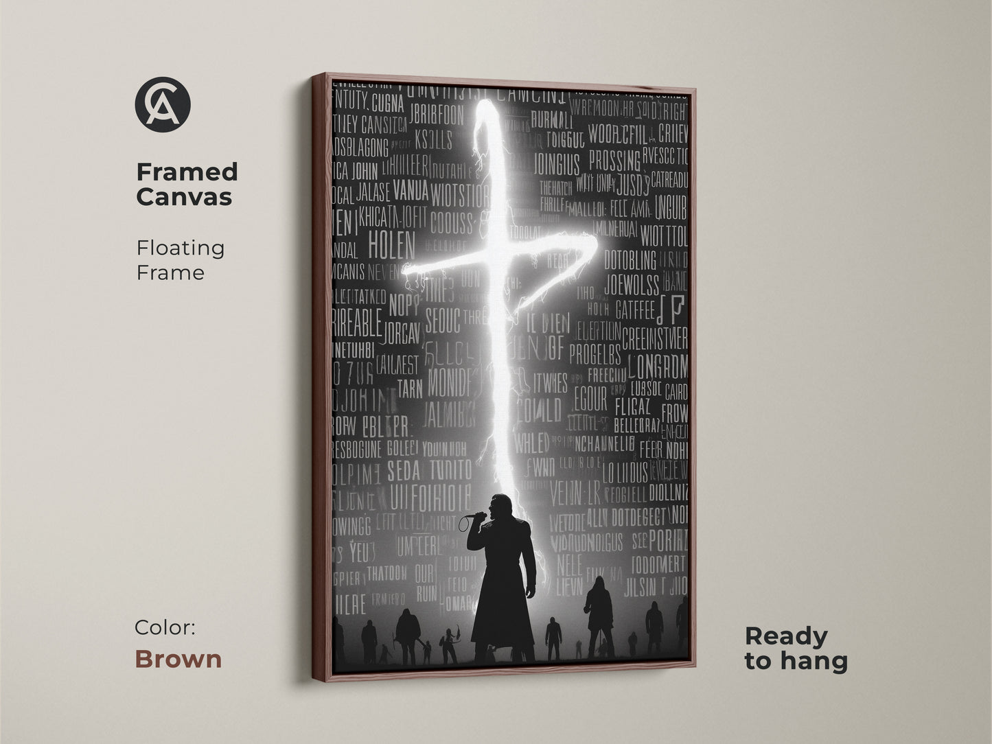 A framed canvas showcases music typography wall art. The gothic singer silhouette art is shown with a floating frame. Hip hop concert poster with a brown frame. Dark academia art print is ready to hang. This artwork enhances any space. The neon cross typography design is striking.
