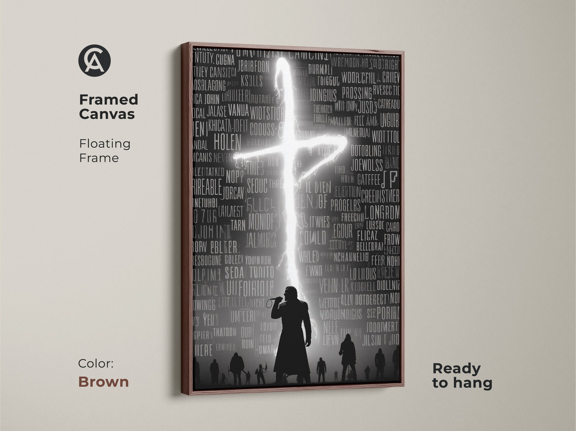A framed canvas showcases music typography wall art. The gothic singer silhouette art is shown with a floating frame. Hip hop concert poster with a brown frame. Dark academia art print is ready to hang. This artwork enhances any space. The neon cross typography design is striking.