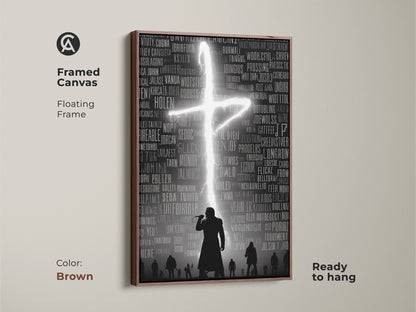 A framed canvas showcases music typography wall art. The gothic singer silhouette art is shown with a floating frame. Hip hop concert poster with a brown frame. Dark academia art print is ready to hang. This artwork enhances any space. The neon cross typography design is striking.