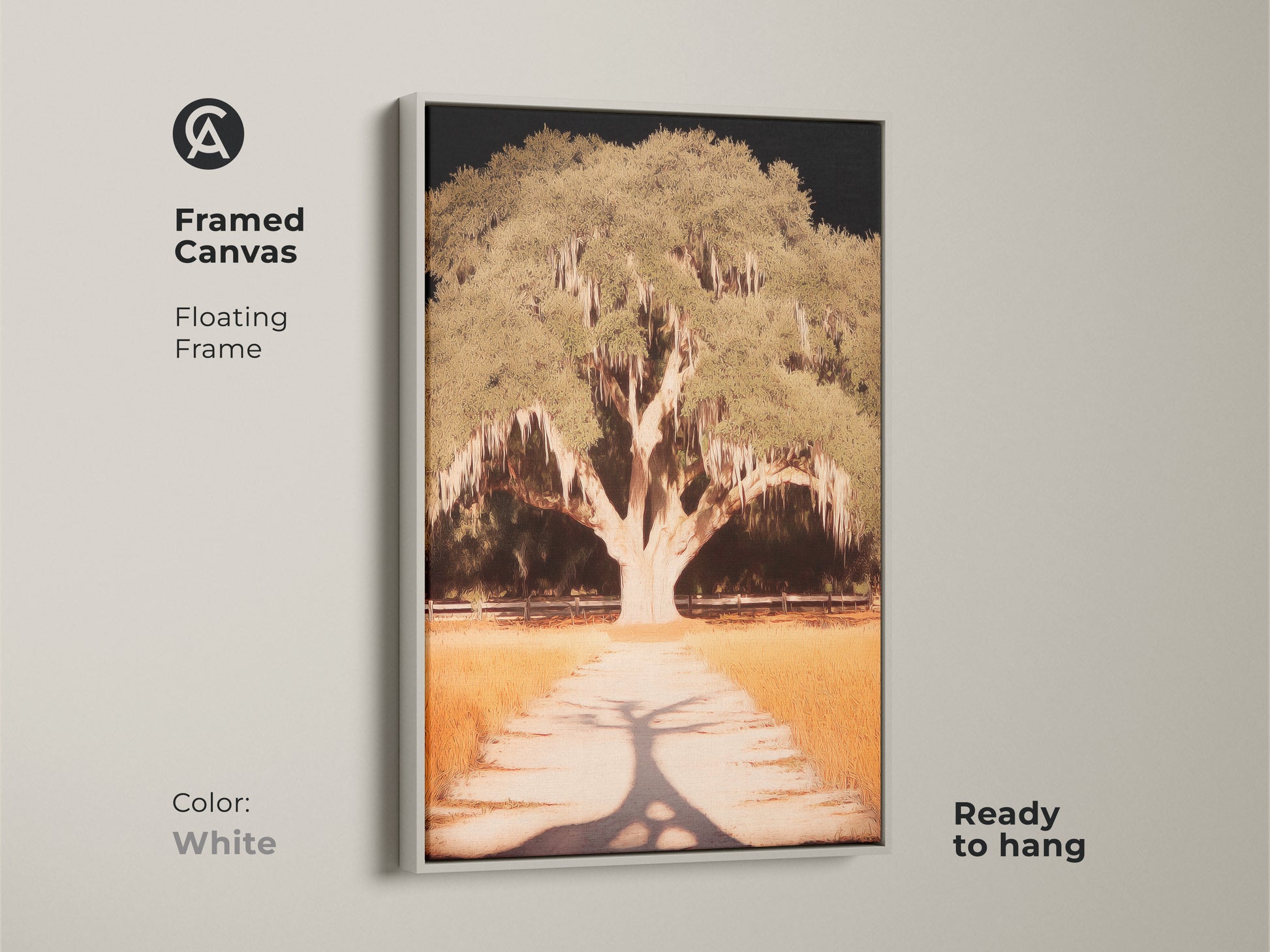 This framed tree art on canvas features a clean white floating frame. It emphasizes the natural subject. Perfect wall decor for a modern home this piece enhances a residential space with its organic aesthetic appeal.