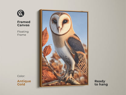 Framed canvas of a barn owl with an antique gold floating frame. This rustic autumn decor is ready to hang. The beige brown owl artwork is a beautiful piece of nature wall decor. Perfect as a housewarming gift art.