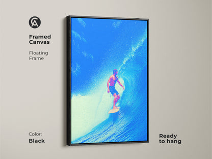 Framed canvas art with a black floating frame. Features a surfer riding a deep blue ocean wave and palm trees. Ready to hang this coastal artwork is a modern accent piece for any room. The perfect surfer gift.
