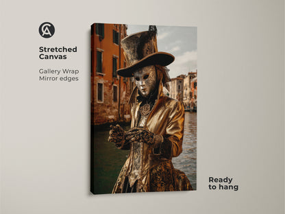 A stretched canvas presents a gold theatrical costume from the Venice Carnival. It's ready to hang with gallery-wrapped mirror edges. The Venetian mask adds an ornate touch. This adds luxury to eclectic home decor.