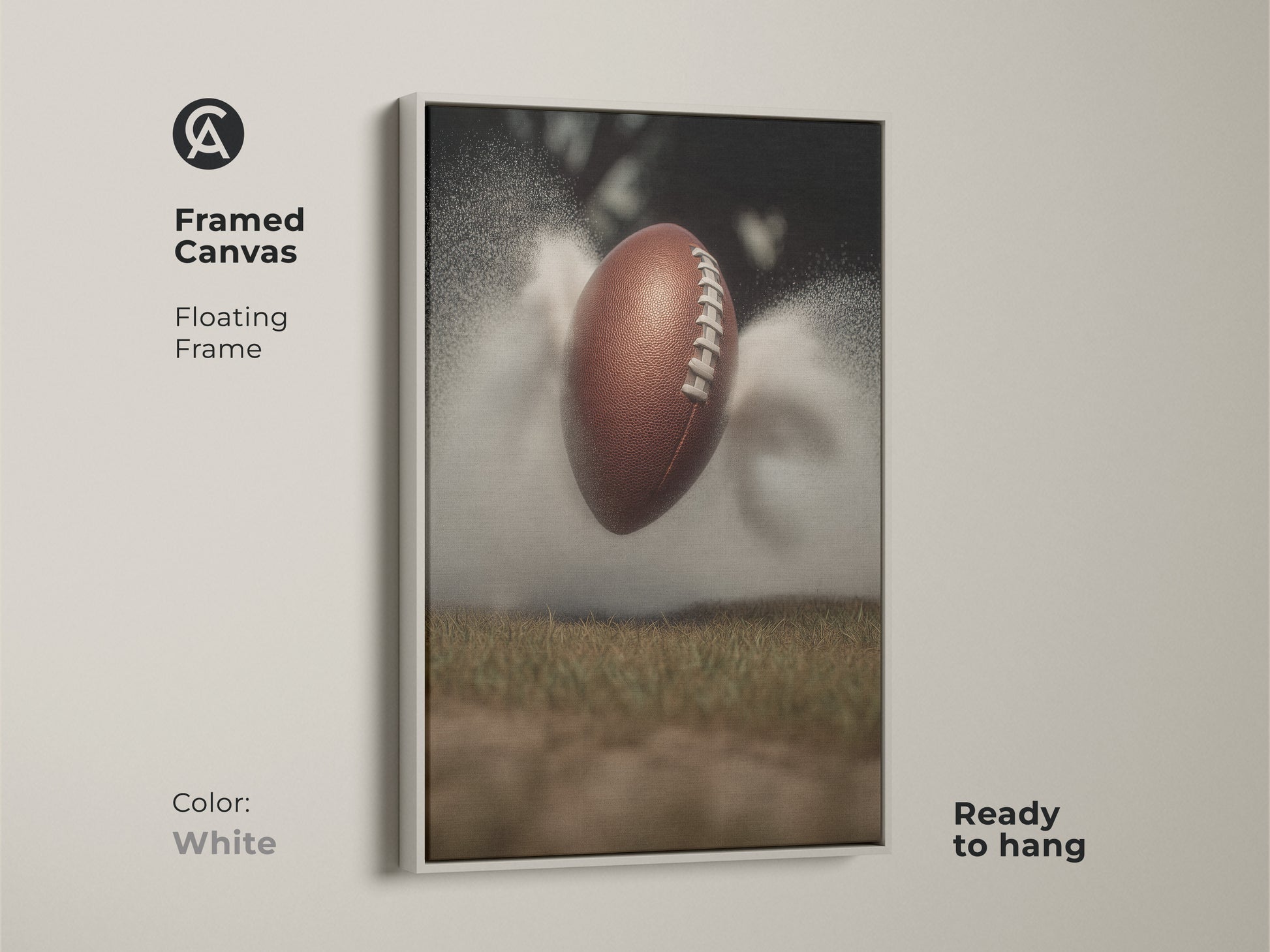 This dynamic football art print is framed in white. It captures the raw energy of sports action. This canvas wall decor is perfect for a modern office or man cave. A great gift for any sports lover. The artwork features a textured football against a misty field bringing an athletic touch.