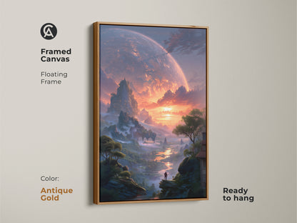 Framed canvas with an antique gold floating frame displaying sci-fi art. This artwork features an alien planet landscape. The epic fantasy print is ready to hang and enhances any room. With its contemporary style and dreamy landscape this art sparks conversation.