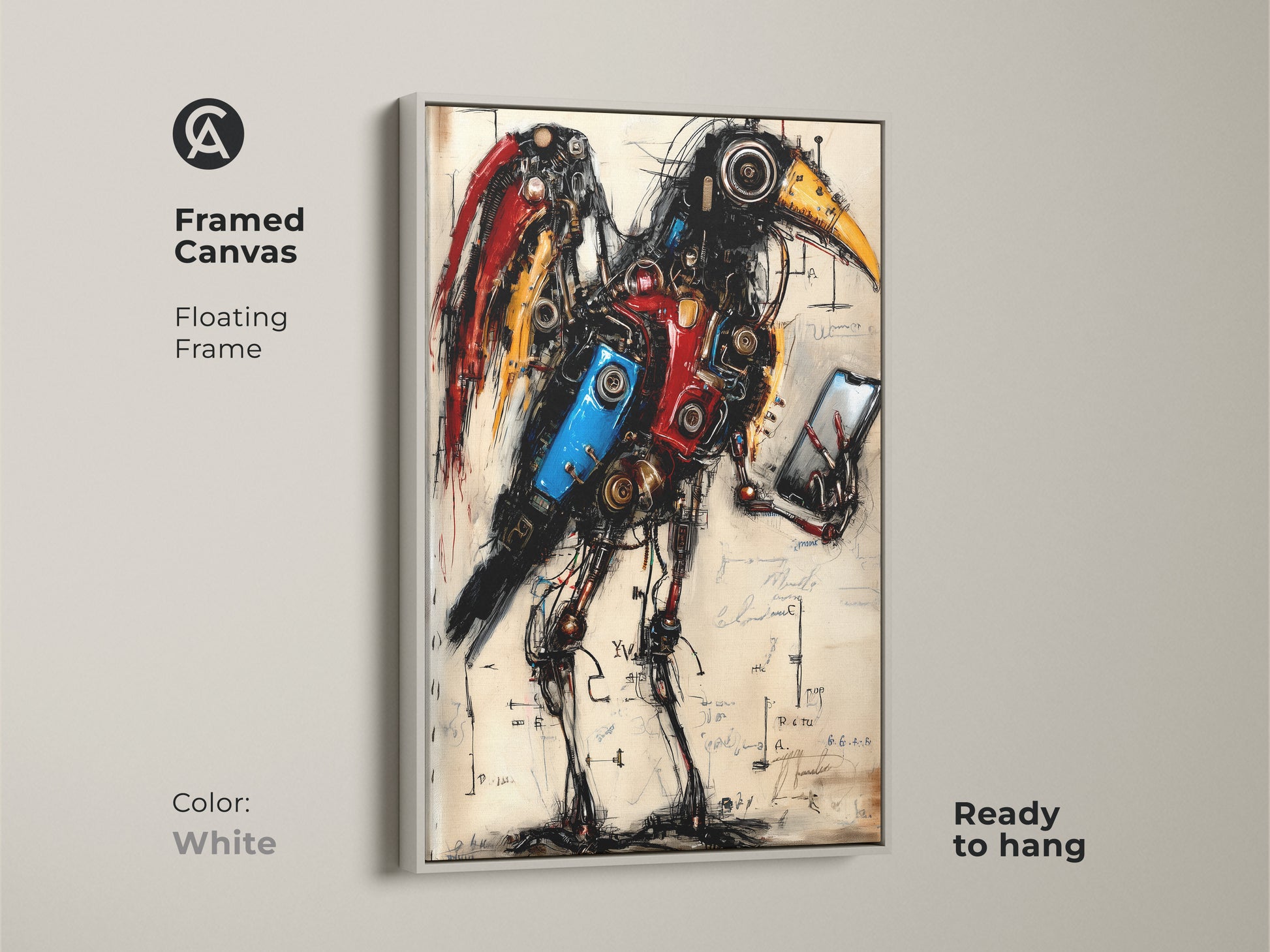 Framed canvas of a Steampunk Mechanical Bird with white frame. It features a mechanical bird in a surrealist steampunk style. It is a perfect piece of fantasy animal wall art. It will be great for anyone who appreciates unique eclectic decor.