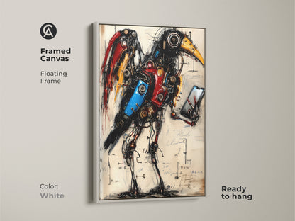 Framed canvas of a Steampunk Mechanical Bird with white frame. It features a mechanical bird in a surrealist steampunk style. It is a perfect piece of fantasy animal wall art. It will be great for anyone who appreciates unique eclectic decor.