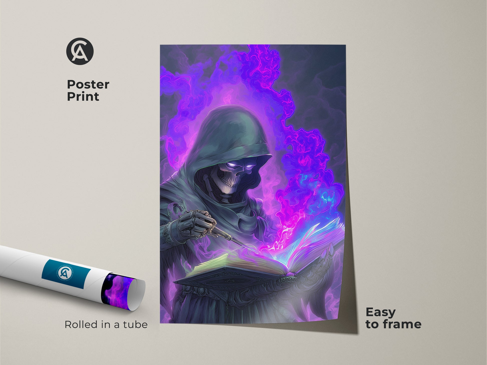 Poster Print of a Skeleton Mage Canvas Art. It is rolled in a tube. The artwork shows Gothic Spellbook Wall Art. It features Dark Fantasy Art Print with Purple and Blue Magic Decor.
