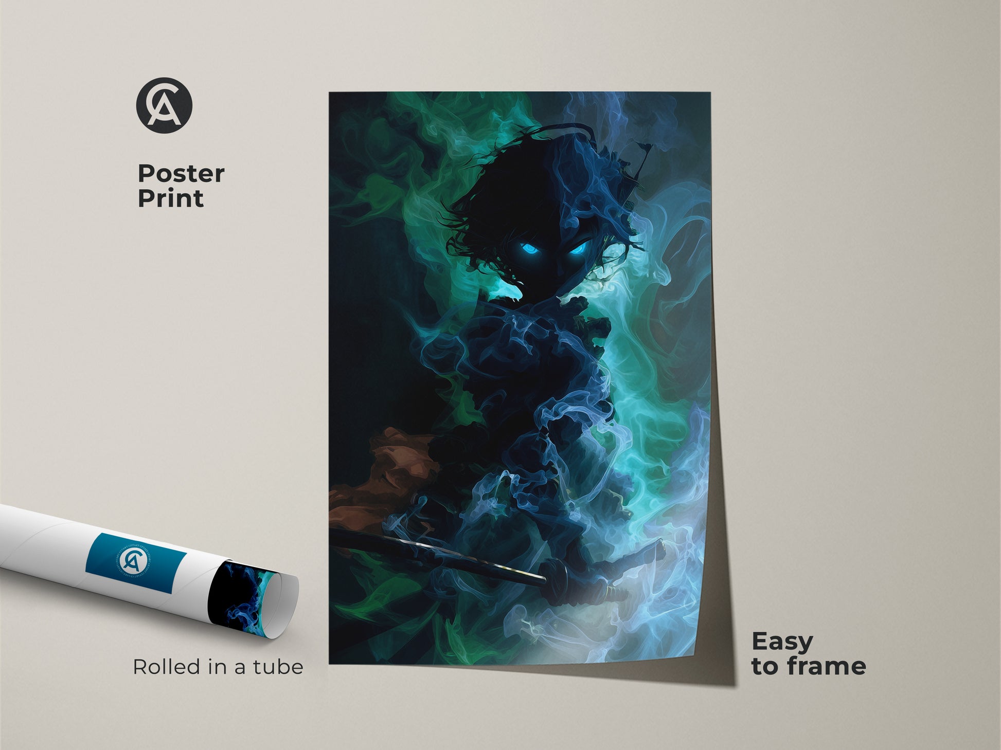 Poster print of an anime inspired demon warrior in a roll tube. This teal blue abstract poster is easy to frame. Its dark fantasy style enhances game room or office art.