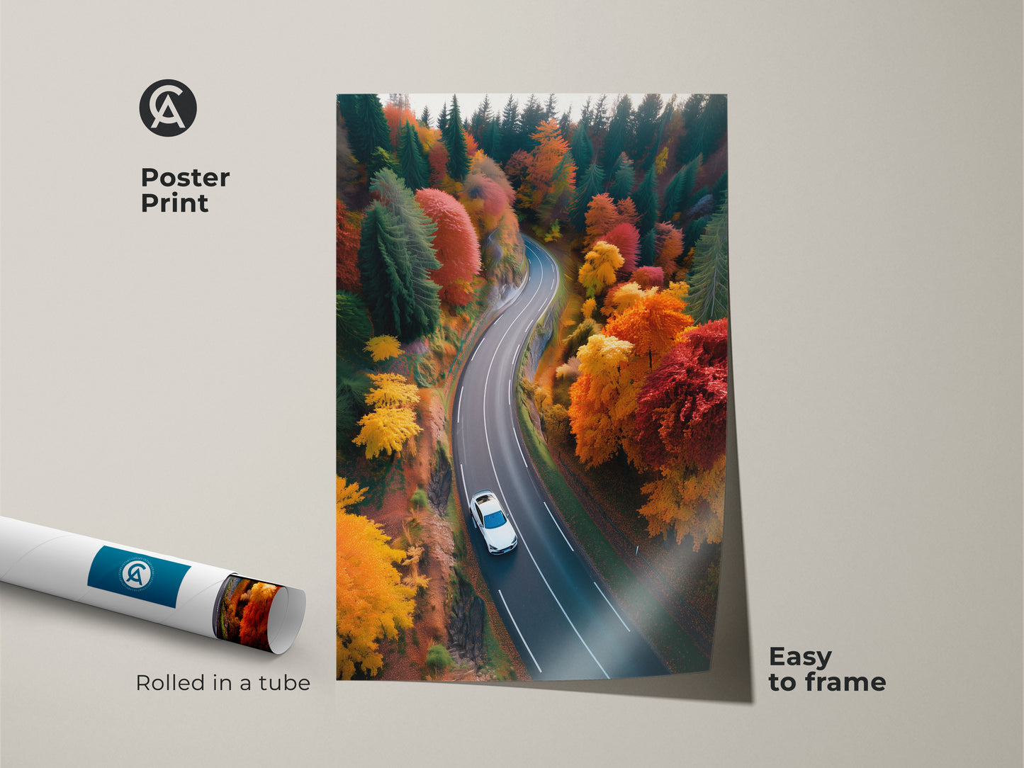 Bring nature indoors with this autumn forest road poster print. Arriving rolled in a tube its easy to frame. The winding road through fall colors adds vibrancy to any space. Showcase your love for travel adventure artwork.