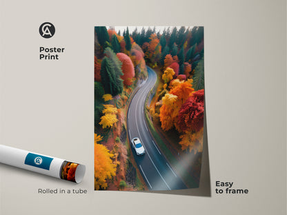 Bring nature indoors with this autumn forest road poster print. Arriving rolled in a tube its easy to frame. The winding road through fall colors adds vibrancy to any space. Showcase your love for travel adventure artwork.