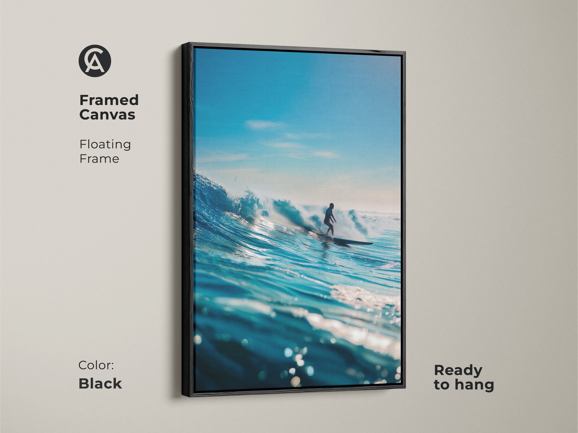 A framed canvas art capturing a surfer riding a powerful blue wave. The black floating frame adds a touch of modern elegance. Ready to hang this artwork brings the excitement of surfing to any room. Perfect for adding a coastal vibe.