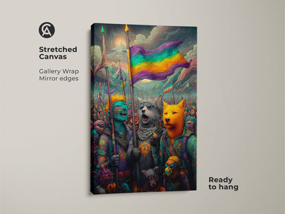 A gallery-wrapped stretched canvas presents a colorful artwork. The artwork depicts animal-like figures with a rainbow flag. The mirror edges enhance the immersive quality. This ready-to-hang piece brings a touch of fantasy and inclusivity to your space.