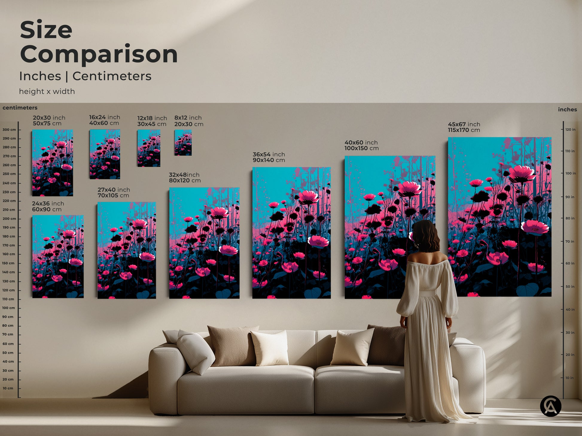 Compare sizes of magenta poppy canvas and poster prints. Visualize the artwork in inches and centimeters. See how each size transforms a living space. From small accents to large focal points find the perfect fit for your home with this modern floral artwork.