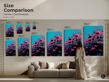 Compare sizes of magenta poppy canvas and poster prints. Visualize the artwork in inches and centimeters. See how each size transforms a living space. From small accents to large focal points find the perfect fit for your home with this modern floral artwork.